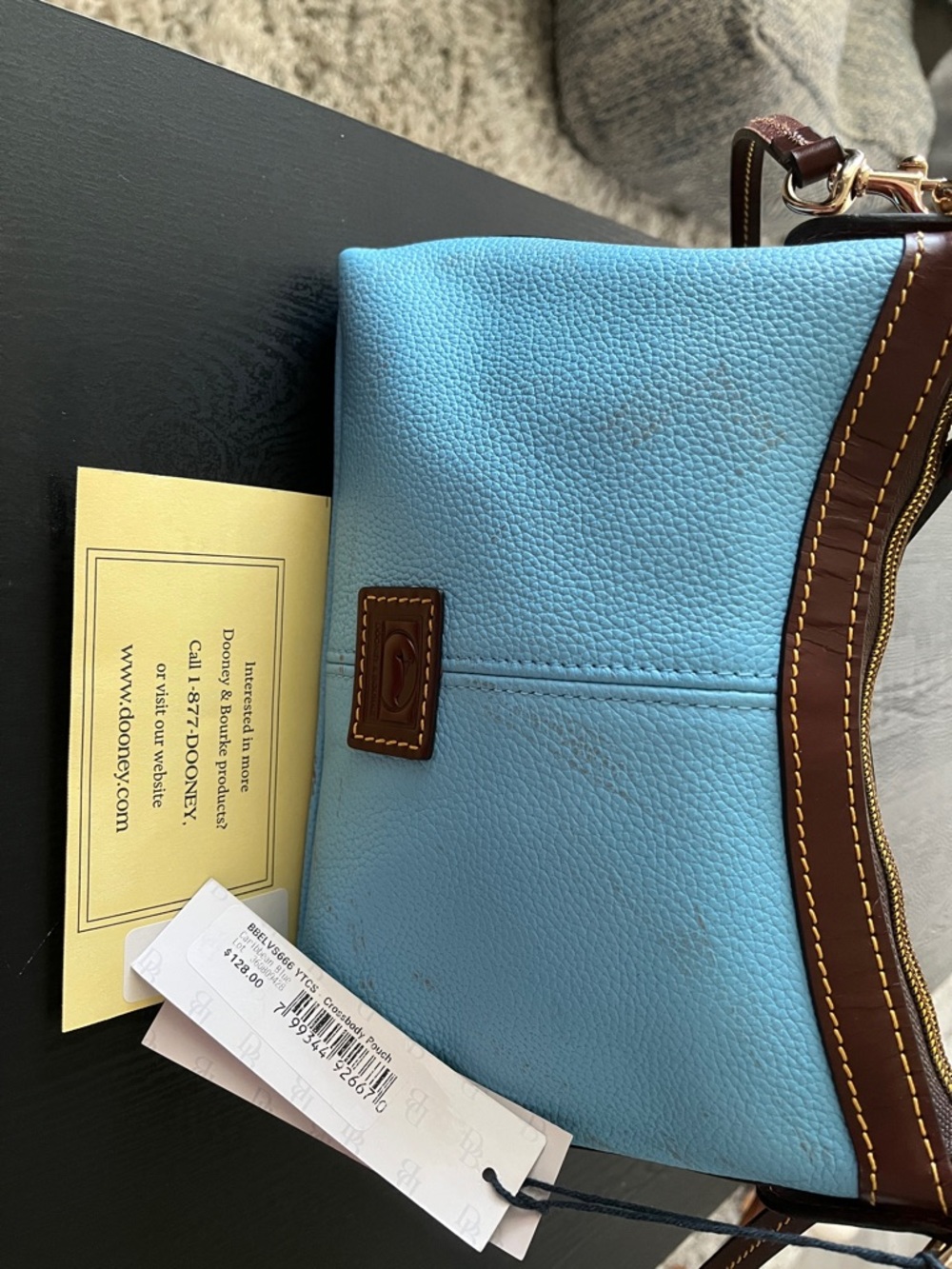 Dooney & Bourke Light Blue Pebbled Leather Shoulder Bag with Brown Trim